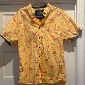 Yellow Flamingo Print Men's Hawaiian Short Sleeve Button Up Shirt Large Flex Fit